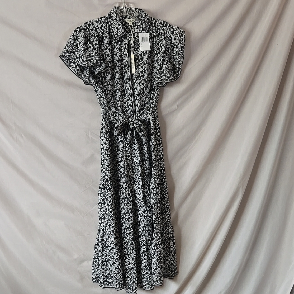 Max Studio Black & White Floral Print Puff Sleeve Midi Dress